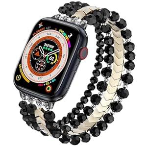 MOFREE Beaded Bracelet Compatible with Apple Watch Band 42mm/44mm/45mm/49mm/46mm Series 10/9/8/7/SE/6/5/4/3/2/1 Women Fashion Handmade Elastic Stretch Strap for iWatch Bands Replacement (Black)
