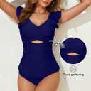 Aleumdr Two Piece Tankini Swimsuits for Women Cutout Tummy Control Bathing Suit Ruffled V Neck Tank Tops with Bottom (Blue, S)