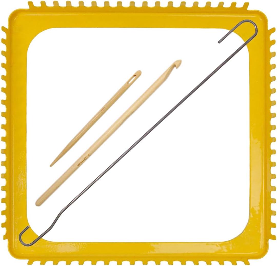 ULIONTAC 7.5 Inch Solid Metal Square Weaving Loom Tool with Needle Hook for Knitting Sewing DIY Craft Board Elastic Hoop and Yarn Weave Plate Beginner-Friendly