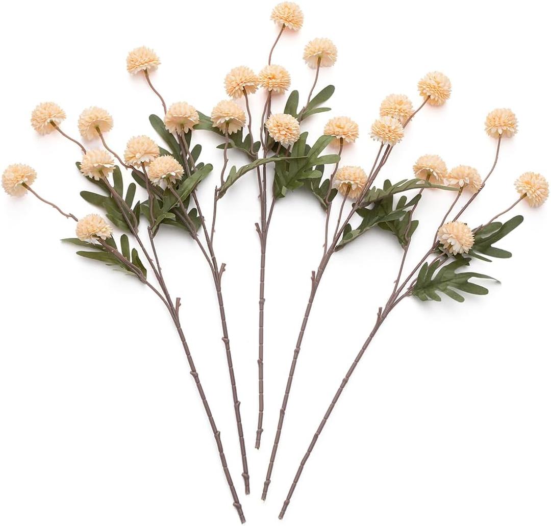 Laelfe Peach Artificial Flowers Pompon Mum, 5Pcs Fake Kiku Flowers Silk Small Mini Chrysanthemum Ball Faux Mum Decor for Filler DIY Bouquet Centerpieces Arrangements Shower (Peach)
