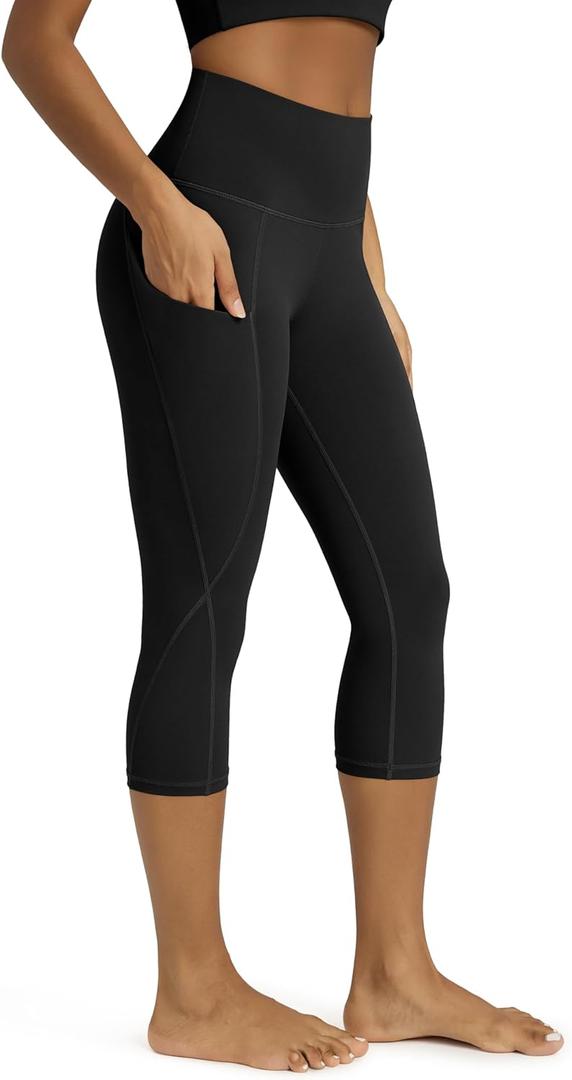 ODODOS Women's High Waisted Yoga Capris with Pockets, Tummy Control Non See Through Workout Athletic Running Capri Leggings (19", XX-Large, Black)