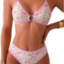 Tainehs Women's Two Piece Bikini Sets O Ring Front Top Ditsy Floral Triangle Swimsuits Cheeky Bathing Suit (M)