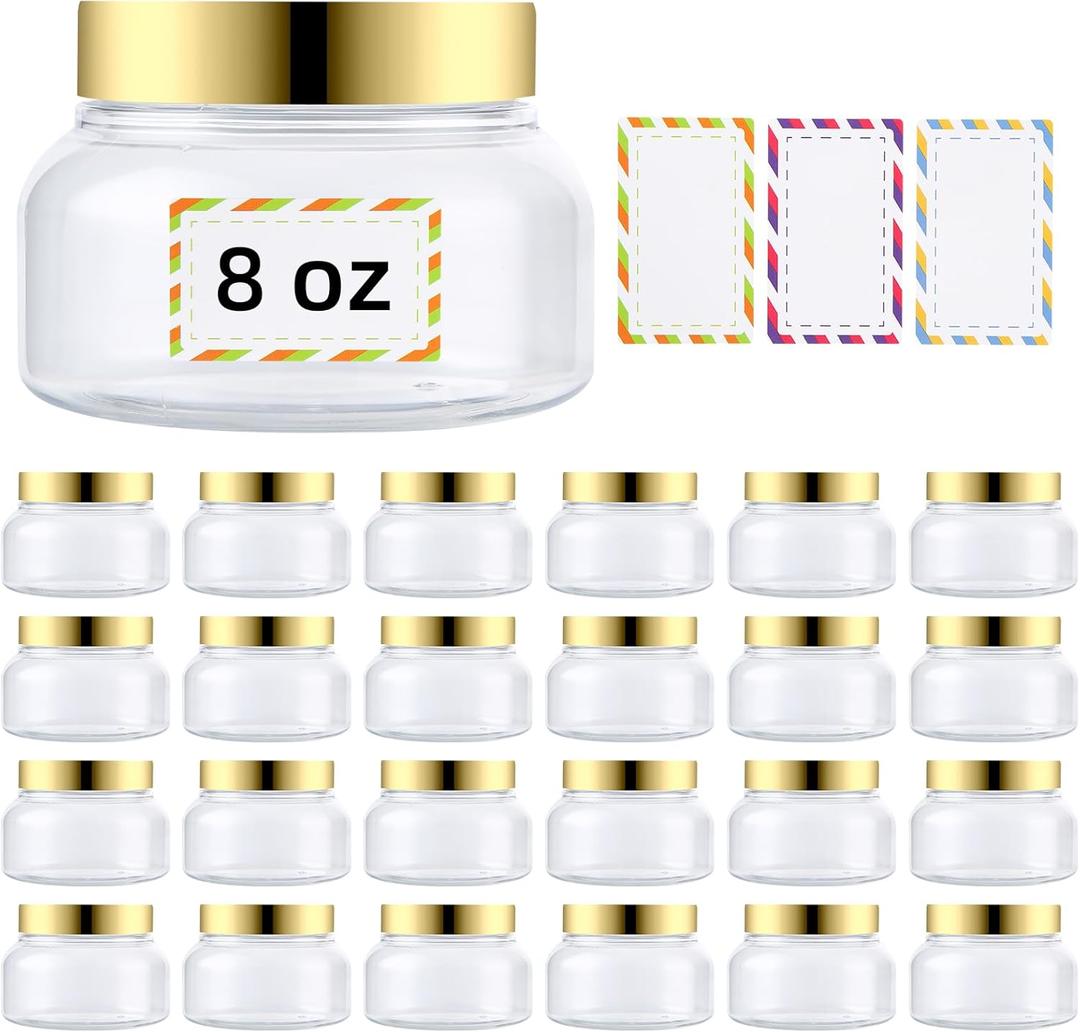 24 Pack 8 Oz Plastic Containers With Lids and Waterproof Label BPA Free - Refillable Transparent Cosmetic Containers for Body Butter,Sugar Scrubs,Cream,Lotions,Candy,Bath Salt (Gold, 8 oz)