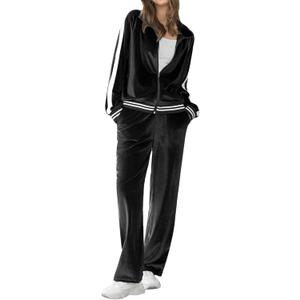 Ekouaer Women's Velvet Velor Tracksuits 2 Piece Lounge Outfits Zip Up Sweatshirt and Sweatpants with Pockets S-3XL (Medium, Black)