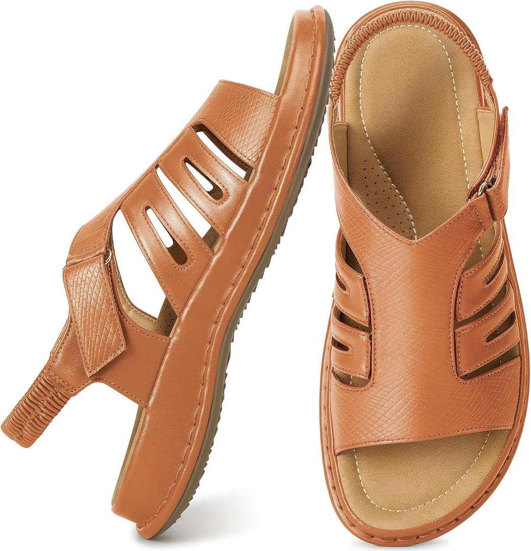 Larwen Womens Sandals Dressy Comfortable: Brown 8.5 Fashion Summer Flat Sandal for 2026 - Arch Support Ankle Strap for Casual Walking