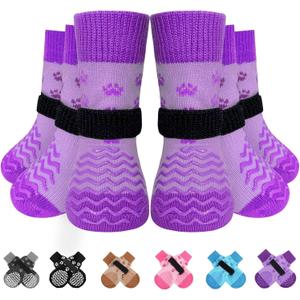 EXPAWLORER 6Pcs Anti Slip Dog Socks to Prevent Licking Paws, Dog Shoes for Winter, Double Sides Dog Boots & Paw Protectors Booties for Hardwood Floors with Grippers Small Medium Large Senior Dogs, M (Purple)