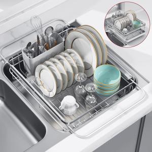 Sink Drying Rack - Dish Rack with Drainboard for Kitchen Counter - Multifunctional Expandable Dish Drying Rack Used Over Sink, in Sink & on Countertop, Made of Rustproof Stainless Steel, Silver