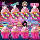 4 x 48 Pack Retro Cupcake Toppers and Wrappers, Retro Neon Party Cake Decoration for 80s 90s Theme Birthday Party Baby Shower Supplies