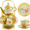 20 Pieces Porcelain Tea Set With Metal Holder, European Ceramic tea set for adults,Flower Tea Set,Tea Set For Women With Flower PaintingLight Green (Large version)