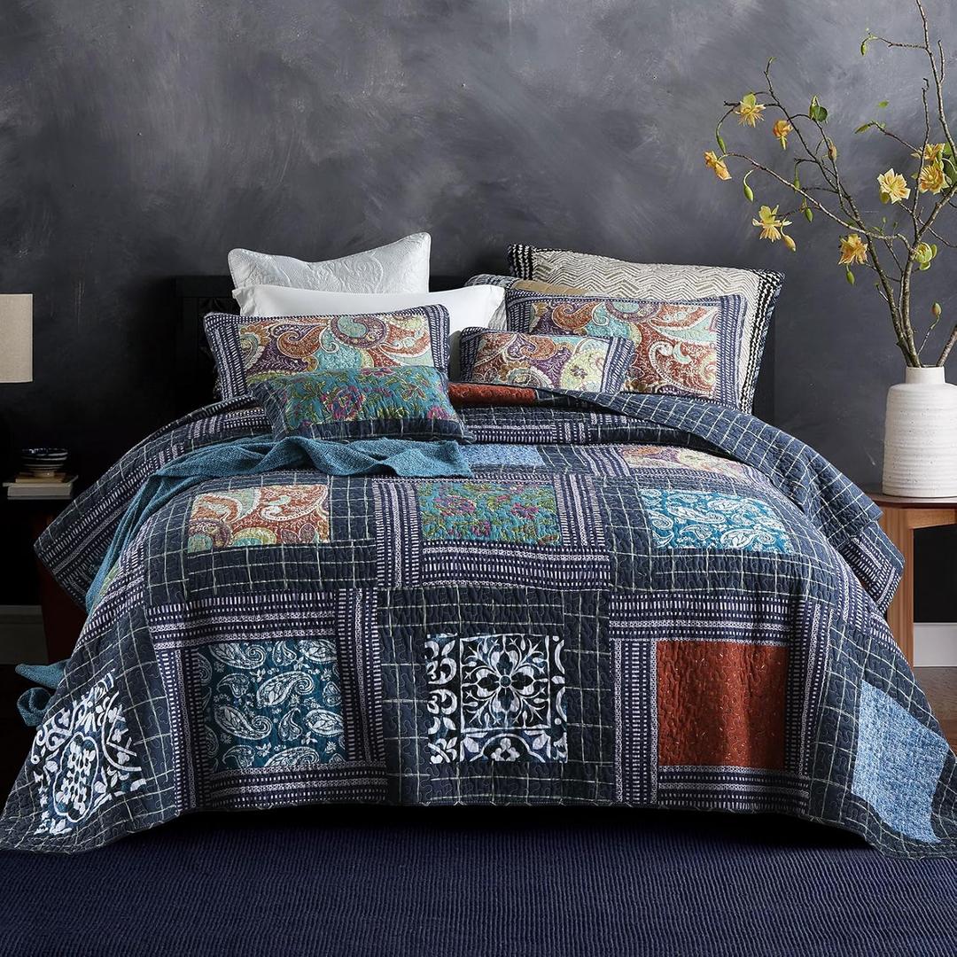 King Quilt Sets, 100% Cotton Quilts King Size, Navy Bedspreads, Patchwork with Retro Paisley Patterns, 3-Piece Lightweight Bedding Coverlet for All Season (1 Quilt + 2 Pillow Shams)