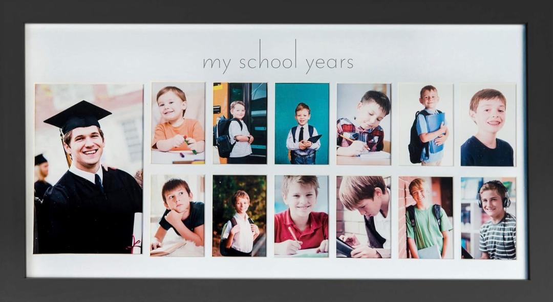 Green Pollywog School Years Picture Day Collage Frame, Black, K-12 | K-12 School Photo Collage Frame, Black Solid Wood, Thirteen Photo Slots, Reversible Insert, 17.75x10 in