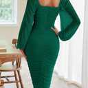 MEROKEETY Women's Long Sleeve Wedding Guest Formal Dress Fall Winter Ruched Bodycon Mesh Cocktail Party Midi Dresses (Medium, Dark Green)
