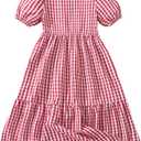 EIAY Shop Girls Floral Casual Dress Puff Sleeve Plaid Smocked Dresses Square Neck for 7-12 Years (9-10 Years, Red Grid)