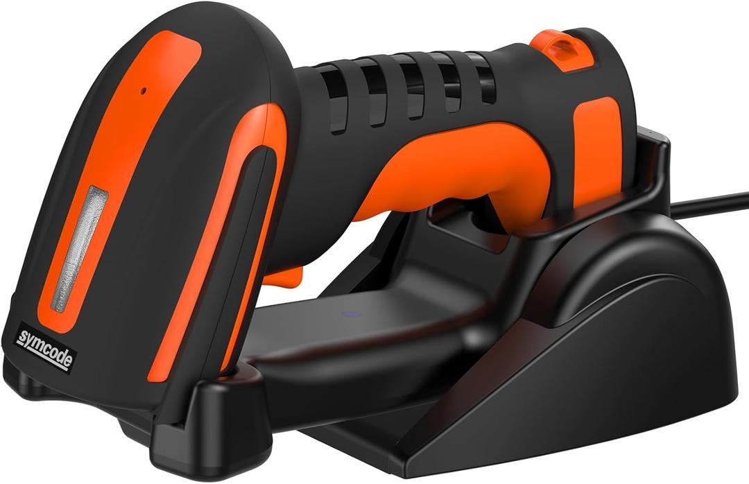 Symcode Bluetooth 2D QR Barcode Scanner with Charging Stand,Industrial Dustproof and Waterproof 3 in 1 Compatible with Bluetooth & 2.4GHz Wireless & Wired Connection with Vibration Alert Orange