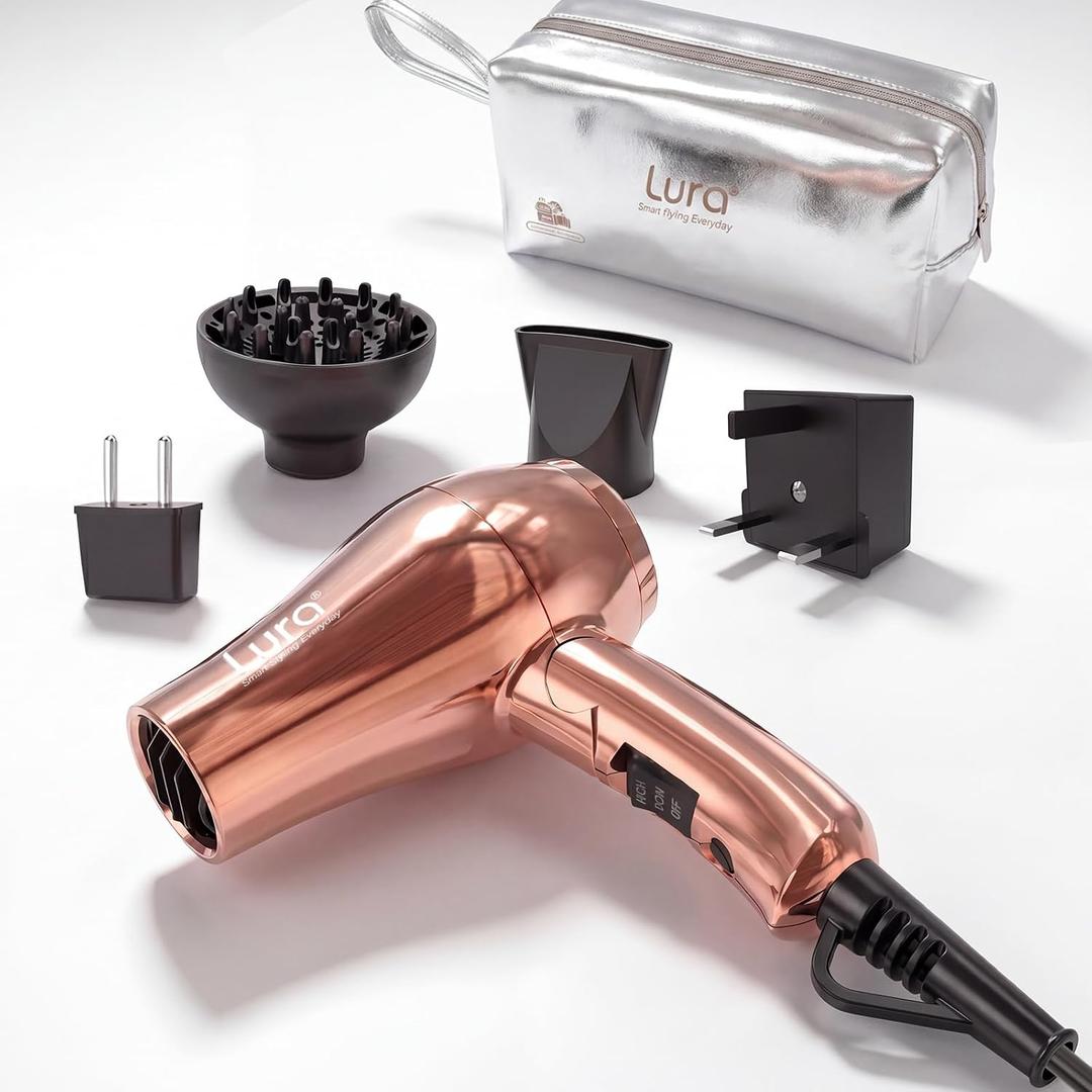 LURA Auto Dual Voltage Mini Travel Hair Dryer with Diffuser for Women