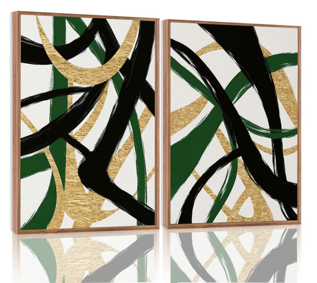 Yolbcdr Framed Wall Art Abstract Canvas Wall Art Set of 2 Black Gold and Green Decor Pictures Modern Print Artwork for Bedroom Living Room Office 16x24 inch Framed