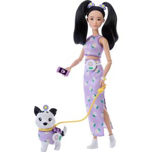 Barbie Twinning Looks Doll with Pet Dog in Matching Purple Daisy Clothes and Accessories for Both Like Flowers and Belt Bags, Black Hair