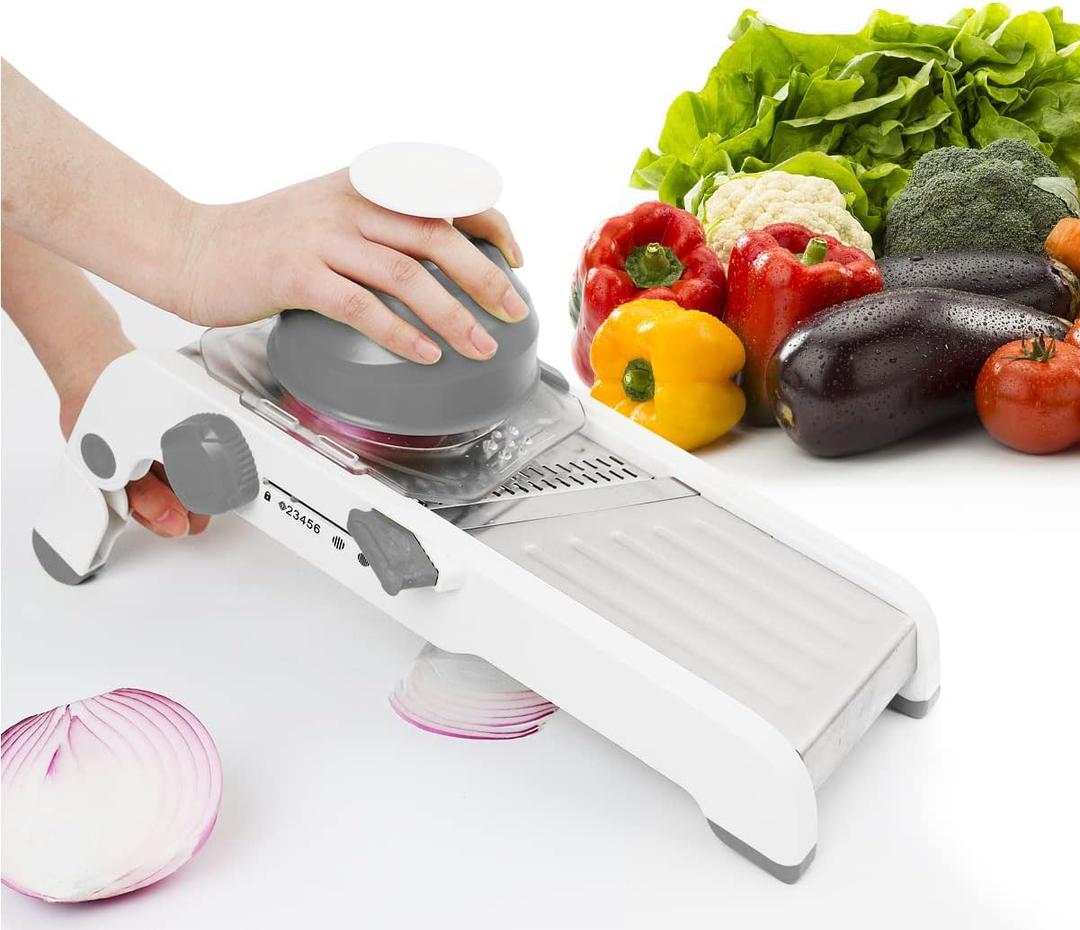Adjustable Mandoline Slicer - Ultra-Sharp Stainless Steel Blades, Safe Hand Guard, Adjustable Thickness for Fast & Precise Slicing of Vegetables, Fruits & More (Gray)