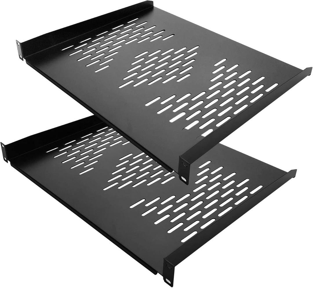 RIVECO 2 PCS 1U Server Rack Shelf 19 Rack-Mount Trays 16 Inches Vented Cantilevers for Server & Network Equipment Mounting, (40 CM) Depth, Black