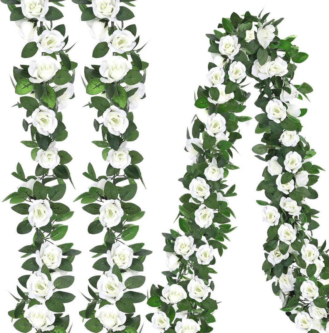 Aneco 4 Pack 32 FT White Flower Artificial Rose Vines Roses Fake Vine Flowers Plants Party Supplies for Holiday Wedding Garden Craft Art Decoration