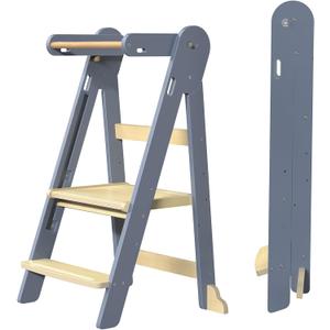 Grownsy Safety Upgrade Foldable Kitchen Helper Step Stool Toddler Tower | One-Click Lock, 3-Second Folding, 3 Adjustable Heights, Sturdy A-Frame Support, Easy Storage, Ages 15 Months to 6 Years