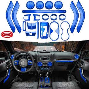26PCS Full Set Interior Trim Kit Compatible with Jeep Wrangler JK JKU 2011-2018 2&4-Door Inner Center Console Trim, Door Handle, Cup Holder Cover, AC Ring Cover (Blue Decoration Kit)
