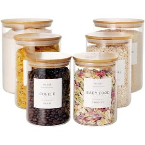 Set of 6 Glass Flour and Sugar jars with 132 Kitchen Pantry Labels - Thicken Large Glass Storage containers with Airtight Bamboo Lid - Glass Rice Canisters for Salt Coffee(100OZ/54OZ/27OZ)