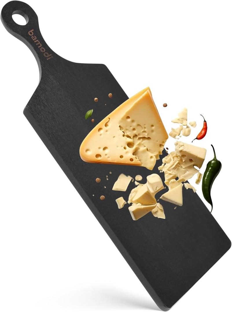 Bamodi | Extra Long Acacia Wood Cutting Board with Round Handle - Versatile Charcuterie and Cheese Board - Durable Wooden Chopping Board - Elegant Black Design for Modern Kitchens - 23.6''L x 8''W