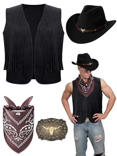 Toulite 4 Pcs Western Outfits for Men Cowboy Tassel Vest Hat Belt Buckle Paisley Bandana for Halloween Cosplay (Black, Black, Coffee,Small)