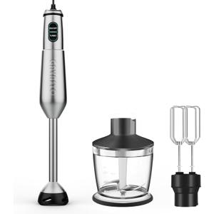 Immersion Blender 1000 Watts Scratch Resistant Hand Blender,20 Speed and Turbo Mode Hand Mixer, 3-in-1 Heavy Duty Copper Motor Stainless Steel Smart Stick with Egg Beaters and Chopper (Grey)