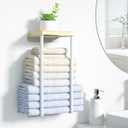 Towel Racks for Bathroom, 1 Tier Wall Towel Holder with Wood Shelf, Metal Wall Mounted Towel Rack Bathroom Organizers and Storage, White