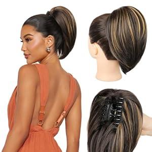 NTYNTY Ponytail Extension - 10" Short Claw Clip in Ponytail Hair Extensions Messy Bun Hair Piece Natural Soft Synthetic Straight Pony Tail Hair Pieces for Women - Dark Brown with Highlights