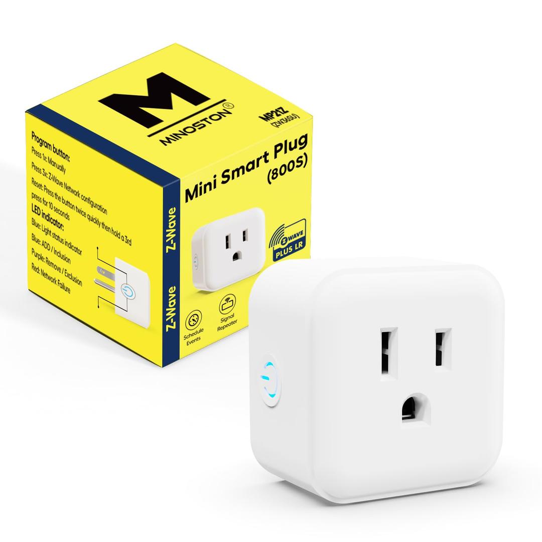 Minoston Z-Wave Plug Outlet 800 Series, Zwave Mini Smart Plug in Socket, 15A, Z-Wave Hub Required, Built-in Repeater and Range Extender, Compatible with SmartThings, Wink, FCC and ETL Listed (MP21Z)