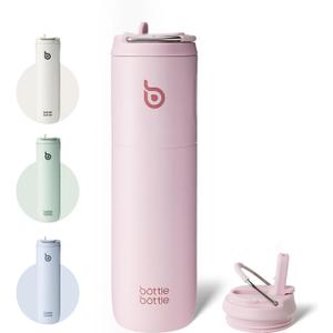 BOTTLE BOTTLE Insulated Water Bottle 24oz with Straw Lid and Handle for Sports Travel Gym Stainless Steel Water Bottles Double-Wall Vacuum Metal Leak Proof BPA-Free (Light Pink)