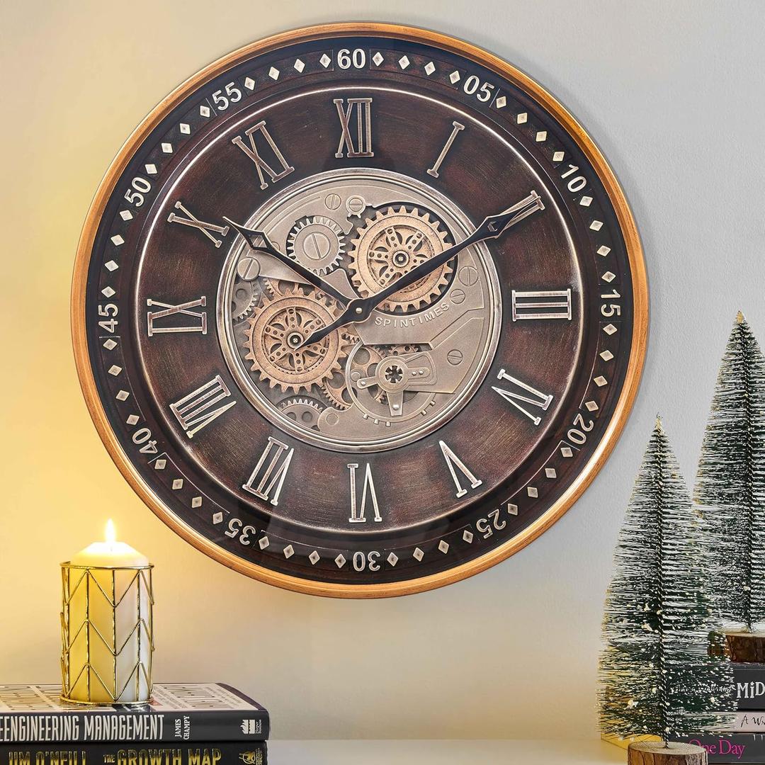 HOIBAI Wall Clock, 24 Inch Moving Gears Clock Large Wall Clock for Living Room Decor Rustic Vintage Industrial Steampunk Farmhouse Big Clock for Home Kitchen Bedroom Office