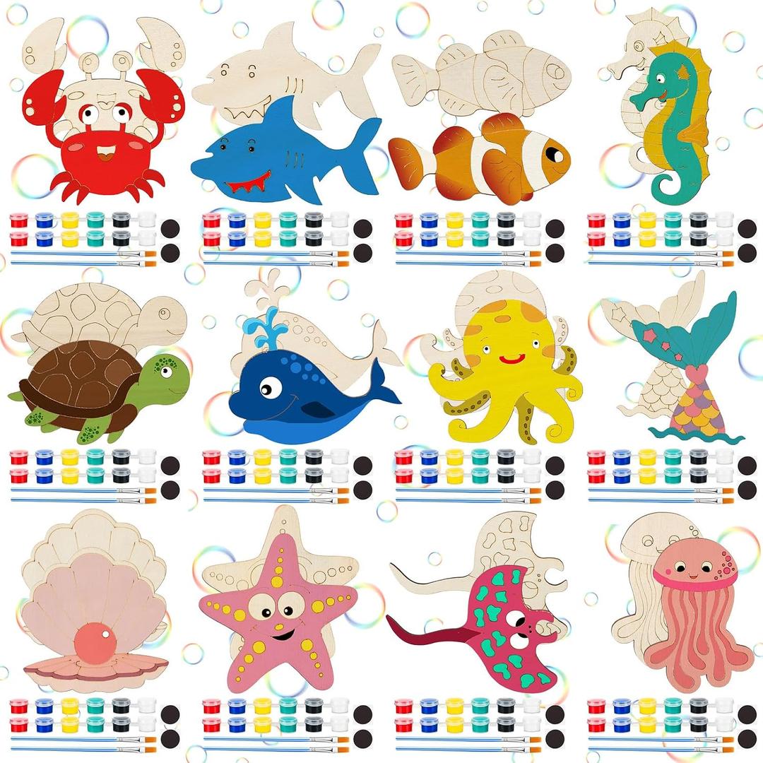JellyArch 24 Pcs Under The Sea Party Favors Ocean Animals Unfinished Wood Cutouts Paint Kit Set and DIY Crafts Mermaid Shark Birthday Party Decorations Stuffers Gifts Prizes for Classroom School Home
