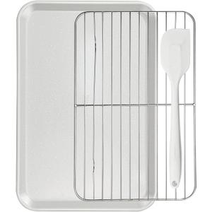7PCS Nonstick Baking Sheet Set - 10x15in Jelly Roll Pan with Wire Rack, Silicone Spatula & 4 Cookie Cutters, Thickened Carbon Steel, Oven Safe 450C, Salted Gray