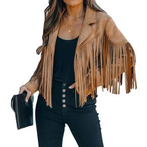 CHARTOU Casual Faux Leather Jacket Women Motorcycle Jacket Fringe Cropped Jacket Utility Tassel Suede Moto Jacket (XX-Large, Camel)