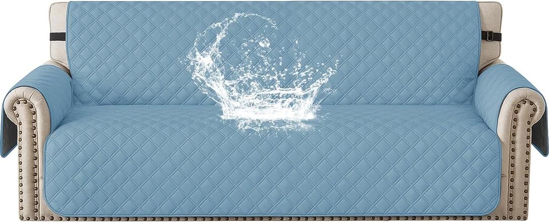 Waterproof Couch Cover for Pets, Sofa Covers for 3 Cushion Couch Washable, Non Slip Couch Covers for Dogs with Side Pockets Elastic Straps, Quilted Couch Covers for Sofa (Sofa, Aqua Blue)