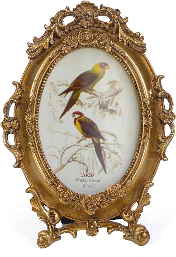 SIKOO Vintage Ornate 4x6 Gold Picture Frame Oval Antique TableTop Wall Mounting Photo Frame with High Definition Glass Front for Home Decor, Old-Fashioned Photo Gallery, Art,Gold (4 x 6, Gold)
