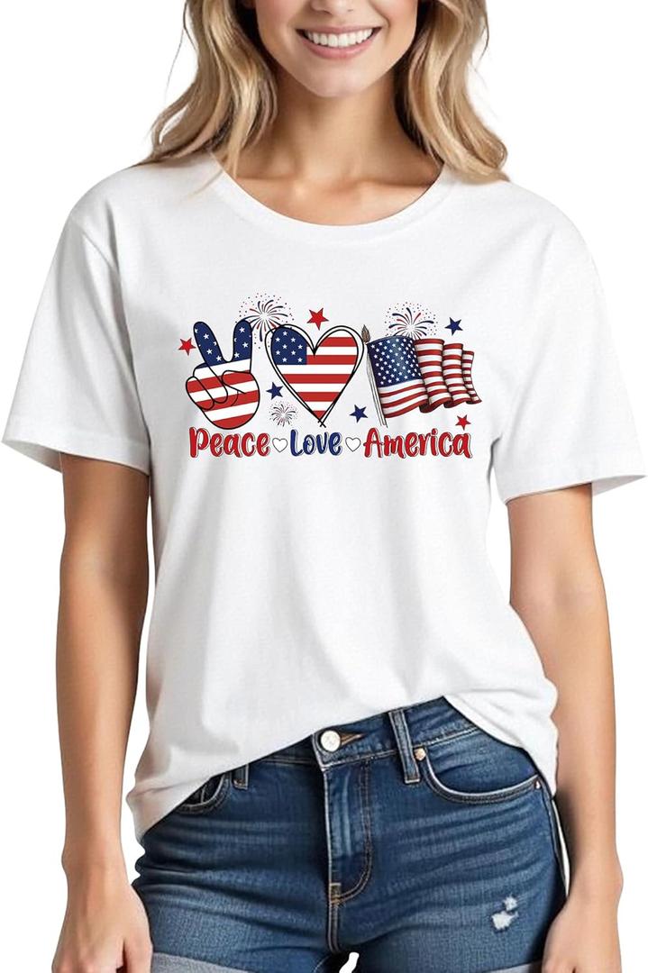 4th of July Shirts Women:Premium Cotton Crewneck USA American Flag Patriotic Short Sleeved T-Shirt (White, L)