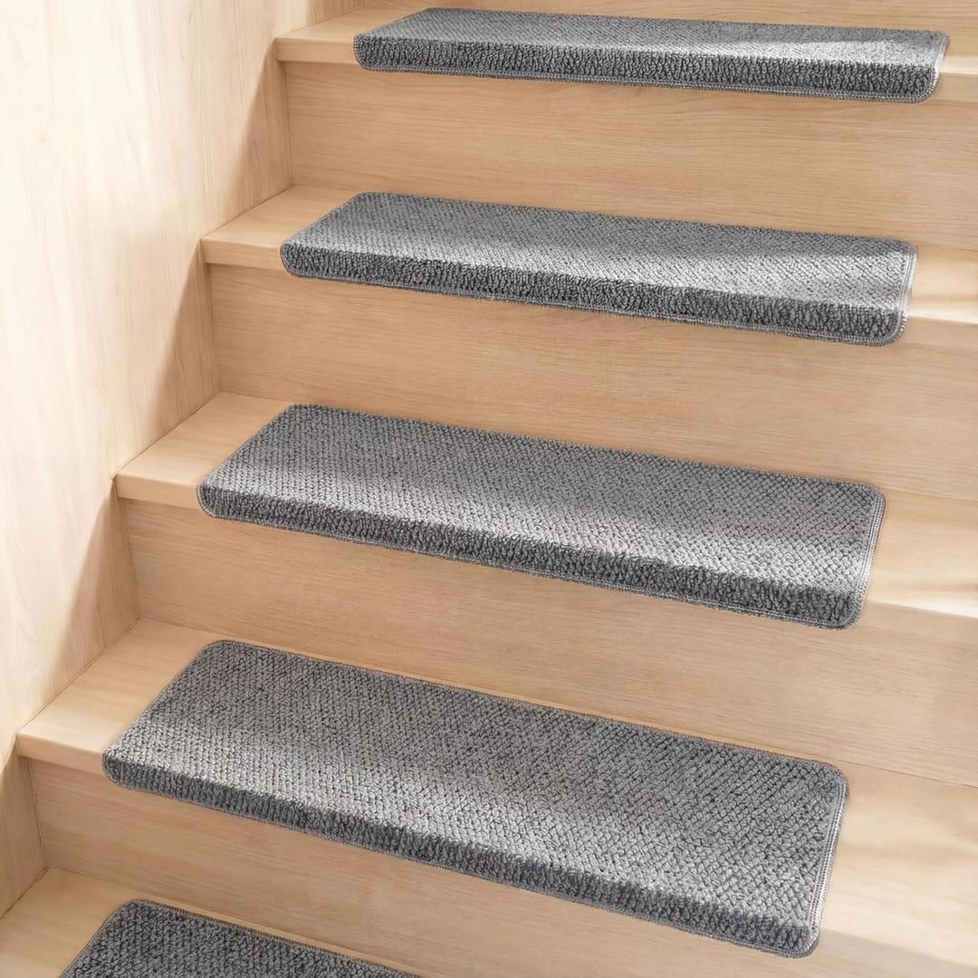 Nuanchu 15 Pcs Bullnose Carpet Stair Treads Non Slip Stairs Treads Washable Bullnose Carpet Pads for Indoor Wooden Steps Pet Safety Rugs (29.5"x9.4",Grey)
