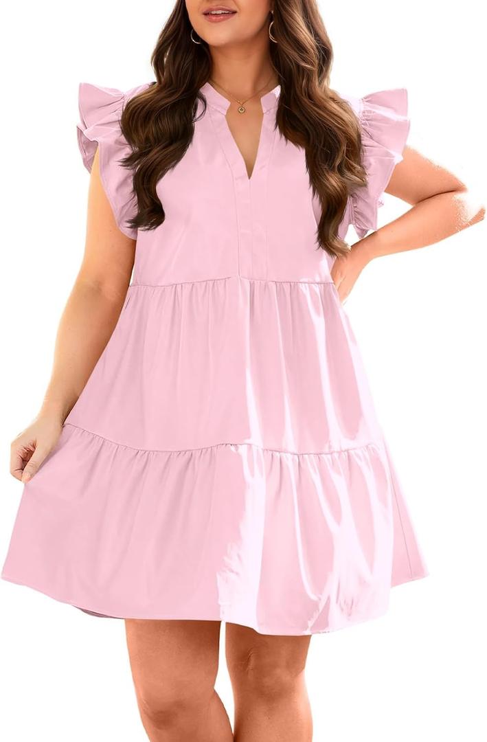 Fisoew Plus Size Dresses for Women Summer Ruffle Short Sleeve V Neck Dress Tiered Swing A Line Babydoll Mini Dress (Pink, XXL)