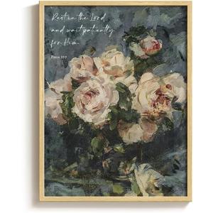 Framed Christian Wall Art, Vintage Rose Floral Canvas Picture, Rest in the Lord Scripture Psalm 37 Religious Decor for Bedroom Living Room Prayer Room, 12x16 Inch