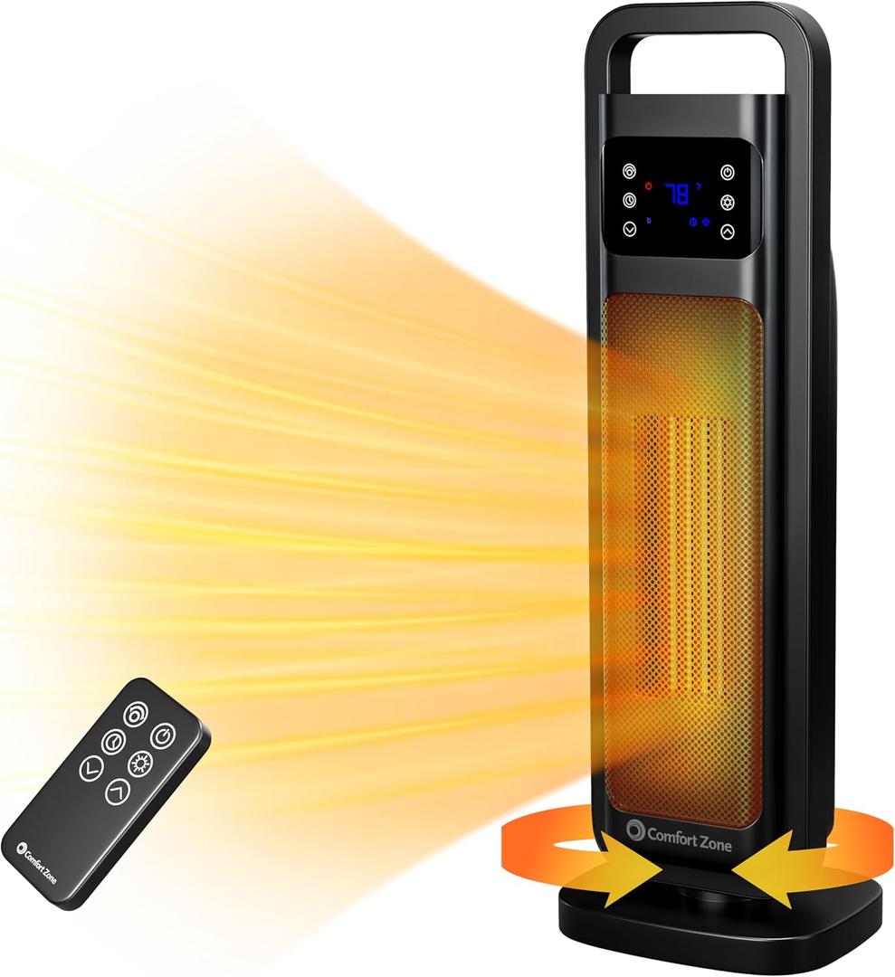 Comfort Zone 26 Oscillating Digital Tower Heater  Portable Ceramic Space Heater with Remote, Adjustable Thermostat (50F-90F), 24-Hour Timer, ECO Mode & Overheat Protection  ETL Certified, Black