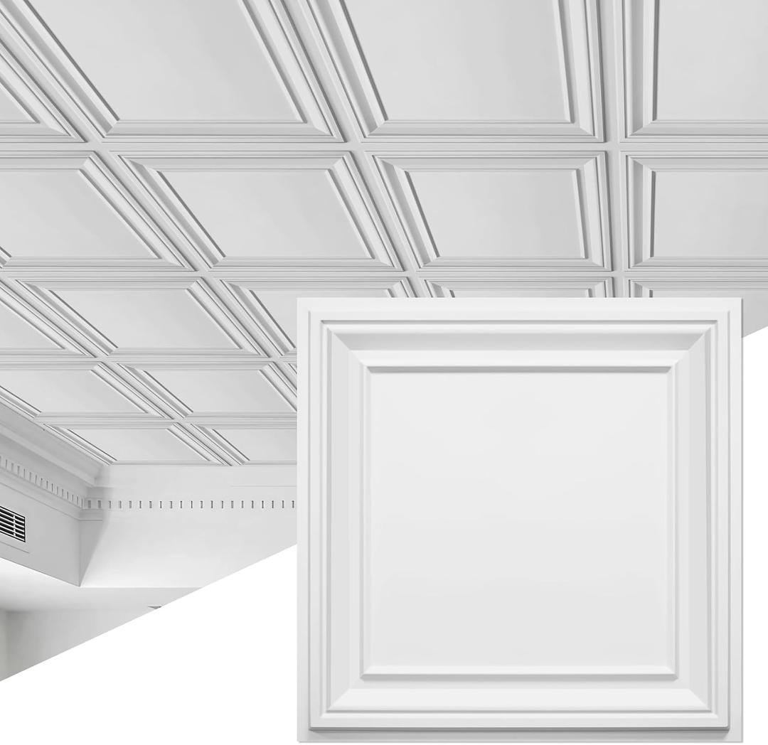 STICKGOO Drop Ceiling Tiles 24x24 PVC Glue Up Ceiling Panel to Prevent Breakage Pack of 12 Tiles Cover 48 Sq. Ft, White