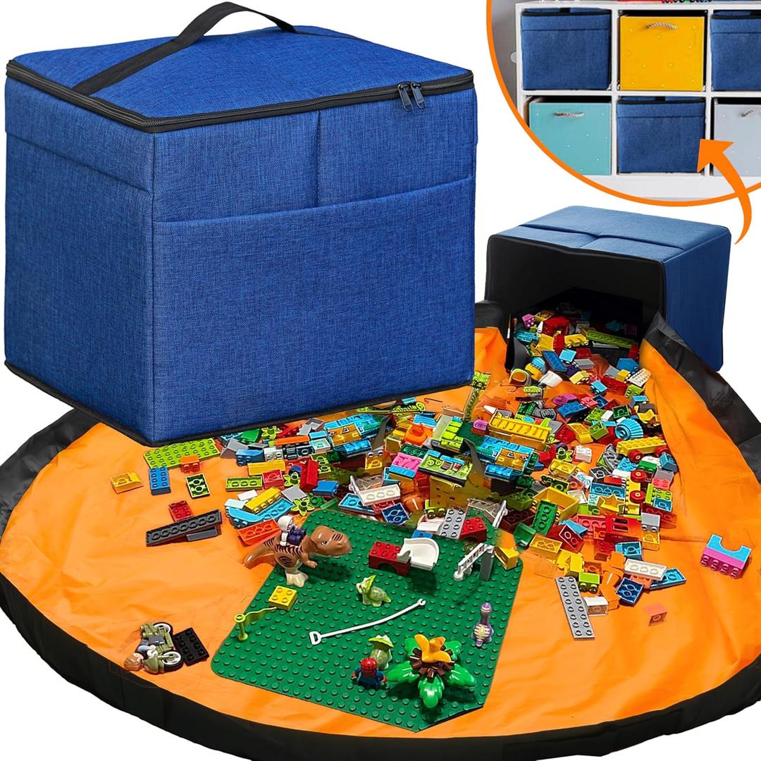 XL Toy Storage Organizer with Play Mat - Storage Bag/Box for Kids, Boys, Girls, Nursery, Playroom - Basket for Building Bricks/Blocks - Collapsible Fabric Cube Bin, 13"x13"x15" (Navy Blue)