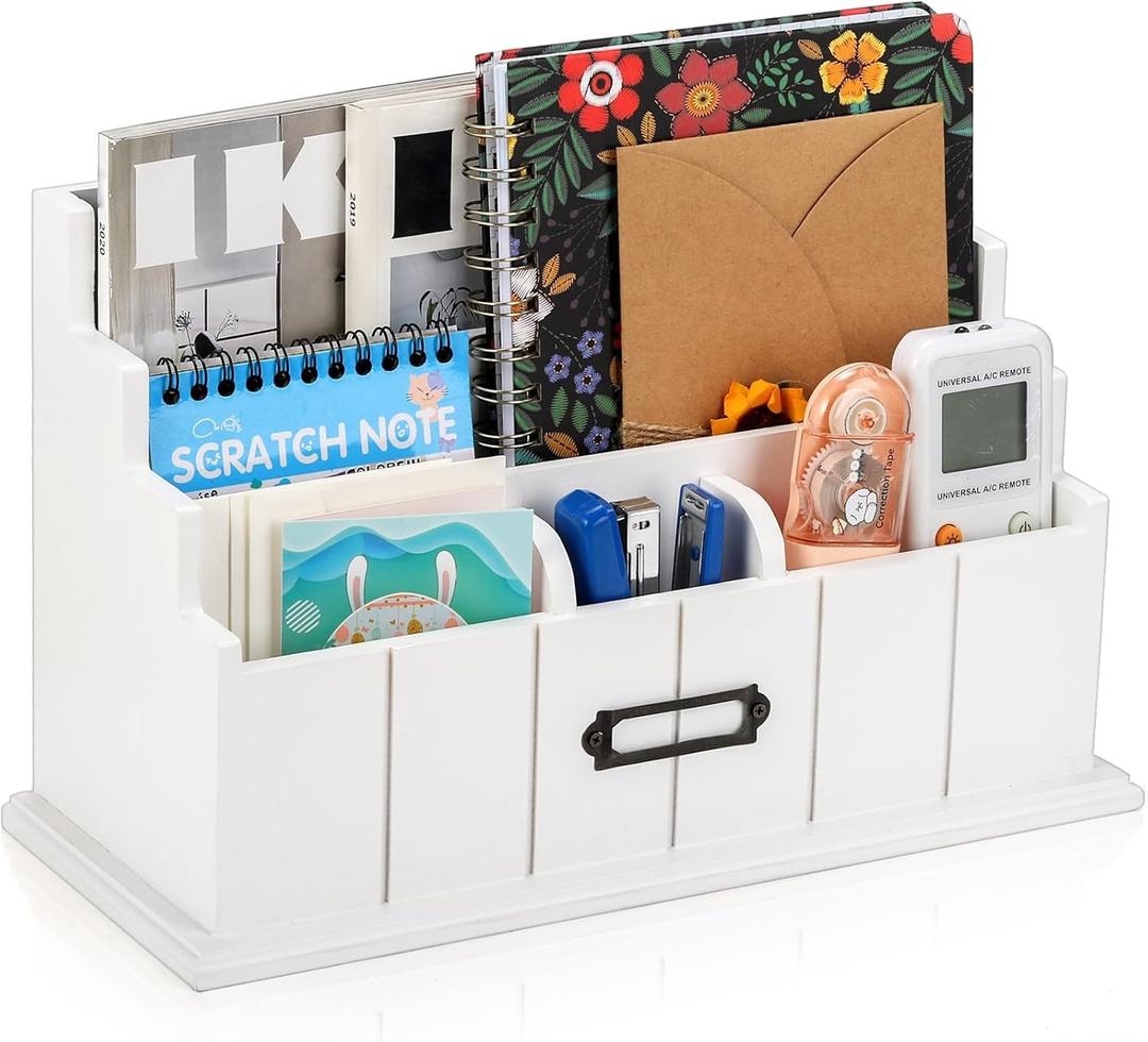 3-Tier Wooden Mail Organizer, Countertop Desk Organizer, White Wood Bill Organizer, Rustic File Paper Holder, Workspace Desktop Mail Sorter for Pen, Notebooks, Office Supplies