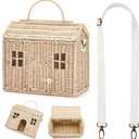 Wettarn Handmade Rattan Doll House Rattan House Shape Shoulder Bag Wicker Basket with Lid for Doll Toys Storage Basket Small Dollhouses Cute Woven Handcrafted Artwork Gift(Wood Color)