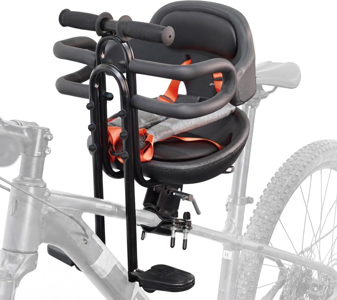 Kids Bike Seat with Guardrail and Thick Soft Padding, Front Mounted Child Bicycle Seat with Foldable Footrests for 0-3 Years Toddlers Bike Seat for MTB